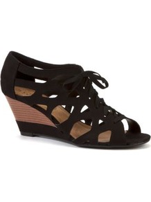 Black Lace Up Wedge Sandals - predominant colour: black; occasions: casual, evening, holiday; material: fabric; heel height: mid; heel: wedge; toe: open toe/peeptoe; style: strappy; finish: plain; pattern: plain