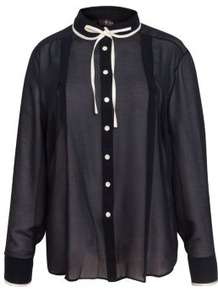 Navy Contrast Tie Shirt - pattern: plain; style: shirt; neckline: pussy bow; sleeve style: balloon; secondary colour: white; predominant colour: navy; occasions: evening; length: standard; fibres: polyester/polyamide - 100%; fit: loose; sleeve length: long sleeve; texture group: sheer fabrics/chiffon/organza etc.; pattern type: fabric