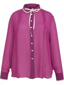 Pink Contrast Tie Shirt - pattern: plain; style: shirt; neckline: pussy bow; sleeve style: balloon; secondary colour: white; predominant colour: magenta; occasions: evening; length: standard; fibres: polyester/polyamide - 100%; fit: loose; sleeve length: long sleeve; texture group: sheer fabrics/chiffon/organza etc.; pattern type: fabric