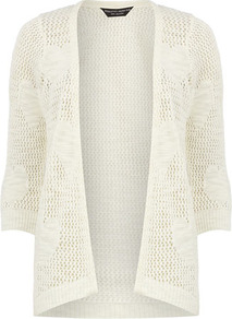 Ivory Open Stitch Heart Cardigan - neckline: collarless open; style: open front; predominant colour: ivory; occasions: casual, work; length: standard; fibres: acrylic - mix; fit: standard fit; back detail: longer hem at back than at front; sleeve length: 3/4 length; sleeve style: standard; texture group: knits/crochet; pattern type: knitted - big stitch; pattern size: small & light; pattern: patterned/print