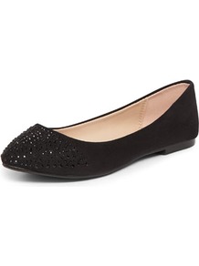 Black Diamante Point Pumps - predominant colour: black; occasions: casual, work; material: fabric; heel height: flat; embellishment: crystals; toe: pointed toe; style: ballerinas / pumps; finish: plain; pattern: plain