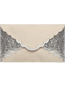 Grey Glitter Scallop Clutch - predominant colour: stone; secondary colour: silver; occasions: evening, occasion; type of pattern: standard; style: clutch; length: hand carry; size: standard; material: faux leather; embellishment: glitter; finish: plain; pattern: colourblock