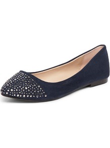 Navy Diamante Point Pumps - predominant colour: navy; occasions: casual, holiday; material: fabric; heel height: flat; embellishment: crystals; toe: pointed toe; style: ballerinas / pumps; finish: plain; pattern: plain