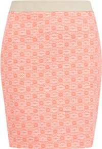 Pink And Cream Jacquard Skirt - style: pencil; fit: tight; waist detail: embellishment at waist/feature waistband; waist: mid/regular rise; secondary colour: ivory; predominant colour: pink; occasions: casual, evening, occasion; length: just above the knee; fibres: cotton - mix; pattern type: fabric; pattern size: small & busy; pattern: patterned/print; texture group: brocade/jacquard