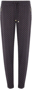 Blue Tile Print Jogger - length: standard; style: tracksuit pants; waist detail: belted waist/tie at waist/drawstring; waist: mid/regular rise; secondary colour: royal blue; predominant colour: charcoal; occasions: casual; fibres: viscose/rayon - 100%; texture group: silky - light; fit: slim leg; pattern type: fabric; pattern size: small & busy; pattern: patterned/print