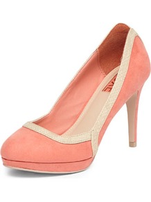 Luxe Coral Colourblock Courts - secondary colour: ivory; predominant colour: coral; occasions: evening, work, occasion; material: fabric; heel height: high; heel: stiletto; toe: round toe; style: courts; finish: plain; pattern: colourblock