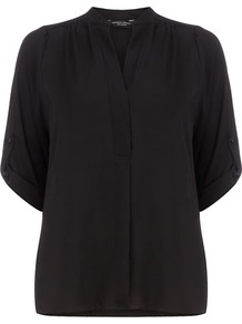 Black Roll Sleeve Shirt - pattern: plain; style: shirt; predominant colour: black; occasions: casual, evening, work; length: standard; neckline: mandarin with v-neck; fibres: polyester/polyamide - 100%; fit: body skimming; shoulder detail: flat/draping pleats/ruching/gathering at shoulder; sleeve length: half sleeve; sleeve style: standard; texture group: sheer fabrics/chiffon/organza etc.; pattern type: fabric