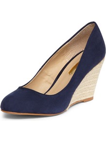 Navy Espadrille Wedges - predominant colour: navy; occasions: casual, work; material: fabric; heel height: mid; heel: wedge; toe: round toe; style: courts; finish: plain; pattern: plain