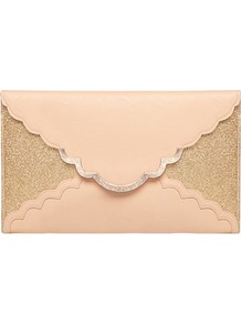 Blush Glitter Scallop Clutch - predominant colour: nude; secondary colour: gold; occasions: evening, occasion; type of pattern: standard; style: clutch; length: handle; size: small; material: faux leather; embellishment: glitter; pattern: plain; finish: plain