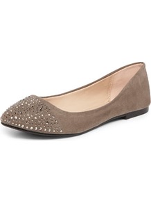 Grey Diamante Point Pumps - secondary colour: stone; predominant colour: mid grey; occasions: casual, holiday; material: fabric; heel height: flat; embellishment: crystals; toe: pointed toe; style: ballerinas / pumps; finish: plain; pattern: plain