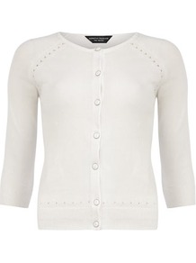 White Pointelle Cardigan - neckline: round neck; pattern: plain; predominant colour: white; occasions: casual, work; length: standard; style: standard; fibres: cotton - mix; fit: slim fit; sleeve length: 3/4 length; sleeve style: standard; texture group: knits/crochet; pattern type: knitted - fine stitch