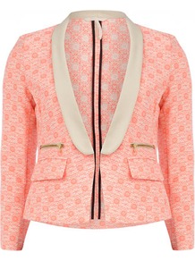 Pink And Cream Neon Blazer - style: single breasted tuxedo; collar: shawl/waterfall; secondary colour: ivory; predominant colour: pink; occasions: casual, evening, work, occasion; length: standard; fit: tailored/fitted; fibres: cotton - mix; waist detail: fitted waist; sleeve length: 3/4 length; sleeve style: standard; trends: fluorescent; collar break: low/open; pattern type: knitted - other; pattern size: small & busy; pattern: patterned/print; texture group: brocade/jacquard