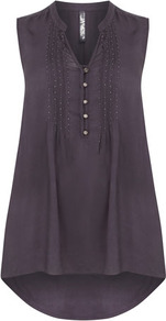 Grey Beaded Top - pattern: plain; sleeve style: sleeveless; length: below the bottom; style: shirt; bust detail: buttons at bust (in middle at breastbone)/zip detail at bust; predominant colour: charcoal; occasions: casual, evening; neckline: mandarin with v-neck; fibres: viscose/rayon - 100%; fit: loose; back detail: longer hem at back than at front; sleeve length: sleeveless; texture group: silky - light; pattern type: fabric; embellishment: beading