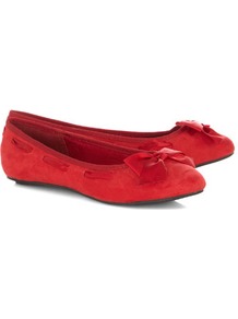 Red Round Toe Ribbon Ballerina Pumps - predominant colour: true red; occasions: casual, work; material: suede; heel height: flat; embellishment: ribbon; toe: round toe; style: ballerinas / pumps; finish: plain; pattern: plain
