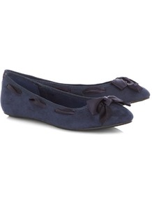 Navy Ribbon Bow Ballerina Pumps - predominant colour: navy; occasions: casual, evening, work; material: suede; heel height: flat; embellishment: ribbon; toe: round toe; style: ballerinas / pumps; finish: plain; pattern: plain