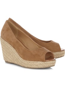 Tan Espadrille Wedges - predominant colour: camel; occasions: casual, holiday; material: fabric; heel height: high; heel: wedge; toe: open toe/peeptoe; style: standard; finish: plain; pattern: plain