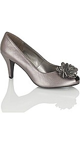 Chantille Formal Shoes - predominant colour: mid grey; occasions: evening, occasion; material: leather; heel height: mid; heel: stiletto; toe: open toe/peeptoe; style: courts; trends: metallics; finish: metallic; pattern: plain; embellishment: corsage