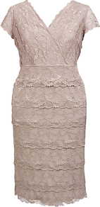 Lace Layer Dress - style: faux wrap/wrap; neckline: v-neck; sleeve style: capped; pattern: plain; predominant colour: blush; occasions: evening, occasion; length: just above the knee; fit: body skimming; fibres: polyester/polyamide - stretch; sleeve length: short sleeve; texture group: lace; pattern type: fabric; pattern size: standard