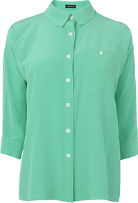 Roll Sleeve Blouse - neckline: shirt collar/peter pan/zip with opening; pattern: plain; style: shirt; predominant colour: emerald green; occasions: casual, work; length: standard; fibres: silk - 100%; fit: straight cut; sleeve length: 3/4 length; sleeve style: standard; texture group: crepes; pattern type: fabric