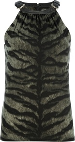Buckle Embellished Halter Neck Top - sleeve style: sleeveless; neckline: halter neck; predominant colour: sage; secondary colour: black; occasions: evening, holiday; length: standard; style: top; fibres: polyester/polyamide - stretch; fit: body skimming; sleeve length: sleeveless; pattern type: fabric; pattern size: standard; pattern: animal print; texture group: jersey - stretchy/drapey