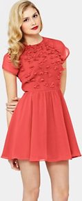 Penny Floral Embellished Dress, Red - length: mini; sleeve style: capped; bust detail: added detail/embellishment at bust; waist detail: fitted waist; predominant colour: coral; occasions: evening, occasion, holiday; fit: fitted at waist & bust; style: fit & flare; fibres: polyester/polyamide - mix; neckline: crew; hip detail: soft pleats at hip/draping at hip/flared at hip; shoulder detail: flat/draping pleats/ruching/gathering at shoulder; sleeve length: short sleeve; texture group: sheer fabrics/chiffon/organza etc.; trends: high impact florals, volume; pattern type: fabric; pattern size: standard; embellishment: beading