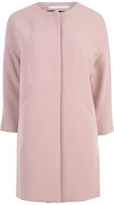 Crepe Cocoon Coat - pattern: plain; collar: round collar/collarless; length: mid thigh; predominant colour: blush; occasions: casual, occasion; fit: straight cut (boxy); style: cocoon; fibres: polyester/polyamide - mix; sleeve length: 3/4 length; sleeve style: standard; texture group: crepes; collar break: medium; pattern type: fabric
