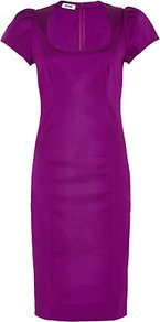 Shift Dress - style: shift; sleeve style: puffed; fit: tailored/fitted; pattern: plain; waist detail: fitted waist; predominant colour: magenta; occasions: evening, work, occasion; length: just above the knee; fibres: cotton - stretch; sleeve length: short sleeve; texture group: structured shiny - satin/tafetta/silk etc.; trends: glamorous day shifts; neckline: low square neck; pattern type: fabric; pattern size: standard