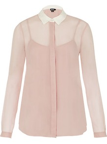Contrast Collar Silk Shirt - neckline: shirt collar/peter pan/zip with opening; pattern: plain; style: shirt; predominant colour: nude; occasions: casual, evening, work; length: standard; fibres: silk - mix; fit: body skimming; sleeve length: long sleeve; sleeve style: standard; texture group: sheer fabrics/chiffon/organza etc.; pattern type: fabric