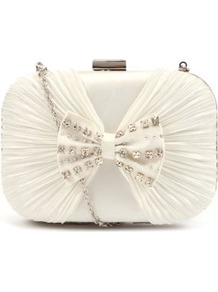 Cream Satin Bow Box Clutch - predominant colour: ivory; occasions: evening, occasion; type of pattern: standard; style: clutch; length: hand carry; size: small; material: satin; embellishment: crystals; pattern: plain; trends: metallics; finish: plain