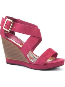Wide Fit Pink Strap Wood Effect Wedges - predominant colour: hot pink; occasions: casual, evening, holiday; material: fabric; heel height: high; ankle detail: ankle strap; heel: wedge; toe: open toe/peeptoe; style: standard; finish: plain; pattern: plain