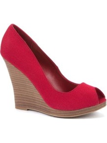 Red Peeptoe Canvas Wedges - predominant colour: true red; occasions: evening, holiday; material: fabric; heel: wedge; toe: open toe/peeptoe; style: courts; finish: plain; pattern: plain; heel height: very high