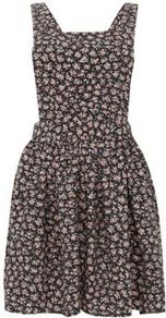Black Floral Print Pinafore Dress - length: mid thigh; sleeve style: sleeveless; occasions: casual, evening; fit: fitted at waist & bust; style: fit & flare; fibres: polyester/polyamide - stretch; back detail: crossover; predominant colour: multicoloured; sleeve length: sleeveless; trends: high impact florals, statement prints; neckline: medium square neck; pattern type: fabric; pattern size: standard; pattern: florals; texture group: other - light to midweight