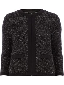 Dark Grey Boucle Jacket - collar: round collar/collarless; style: boxy; pattern: herringbone/tweed; secondary colour: white; predominant colour: black; occasions: casual, evening, work; length: standard; fit: straight cut (boxy); fibres: cotton - mix; sleeve length: 3/4 length; sleeve style: standard; collar break: high; pattern type: fabric; pattern size: big & light; texture group: woven light midweight