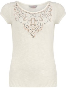 Petite Stud Necklace T Shirt - neckline: round neck; sleeve style: capped; pattern: plain; bust detail: added detail/embellishment at bust; style: t-shirt; predominant colour: white; occasions: casual; length: standard; fibres: viscose/rayon - 100%; fit: body skimming; sleeve length: short sleeve; pattern type: fabric; texture group: jersey - stretchy/drapey; embellishment: studs