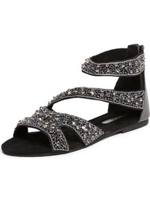 Black Embellished Sandals - predominant colour: black; occasions: casual, evening, holiday; material: leather; heel height: flat; embellishment: beading; ankle detail: ankle strap; heel: standard; toe: open toe/peeptoe; style: strappy; finish: plain; pattern: plain