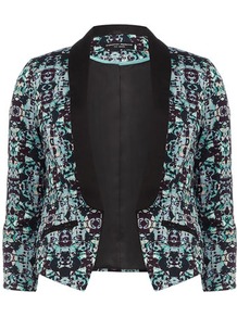 Aqua Geo Print Jacket - style: single breasted tuxedo; collar: shawl/waterfall; predominant colour: black; secondary colour: black; occasions: evening, work, occasion; length: standard; fit: tailored/fitted; fibres: cotton - stretch; bust detail: contrast pattern/fabric/detail at bust; sleeve length: 3/4 length; sleeve style: standard; texture group: cotton feel fabrics; trends: tuxedo, modern geometrics; collar break: low/open; pattern type: fabric; pattern size: small & busy; pattern: patterned/print