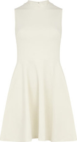 Ivory Mandarin Dress - pattern: plain; sleeve style: sleeveless; neckline: high neck; predominant colour: ivory; occasions: casual, evening, holiday; length: just above the knee; fit: fitted at waist & bust; style: fit & flare; fibres: polyester/polyamide - 100%; hip detail: soft pleats at hip/draping at hip/flared at hip; sleeve length: sleeveless; pattern type: fabric; texture group: jersey - stretchy/drapey