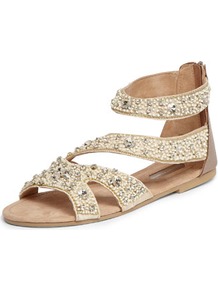 Nude Embellished Sandals - predominant colour: nude; occasions: casual, evening, holiday; material: leather; heel height: flat; embellishment: beading; ankle detail: ankle strap; heel: standard; toe: toe thongs; style: strappy; finish: plain; pattern: plain
