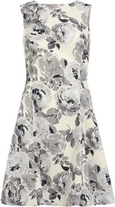Petite Floral Prom Dress - length: mid thigh; neckline: round neck; sleeve style: sleeveless; style: prom dress; waist detail: fitted waist; back detail: low cut/open back; secondary colour: ivory; predominant colour: light grey; occasions: evening, occasion, holiday; fit: fitted at waist & bust; fibres: cotton - 100%; hip detail: sculpting darts/pleats/seams at hip; sleeve length: sleeveless; texture group: cotton feel fabrics; trends: high impact florals, volume; pattern type: fabric; pattern size: big & busy; pattern: florals