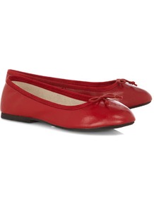 Red Leather Ballerina Pumps - predominant colour: true red; occasions: casual, work; material: faux leather; heel height: flat; toe: round toe; style: ballerinas / pumps; finish: plain; pattern: plain; embellishment: bow