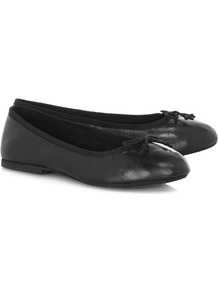 Black Leather Bow Pumps - predominant colour: black; occasions: casual, work; material: faux leather; heel height: flat; toe: round toe; style: ballerinas / pumps; finish: plain; pattern: plain; embellishment: bow
