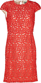 Tomato/Nude Lace Sheath Dress - style: shift; sleeve style: capped; pattern: plain; waist detail: fitted waist; back detail: low cut/open back; predominant colour: true red; occasions: evening, occasion; length: just above the knee; fit: body skimming; fibres: polyester/polyamide - 100%; neckline: crew; sleeve length: short sleeve; texture group: lace; trends: glamorous day shifts; pattern type: fabric; pattern size: standard; embellishment: embroidered