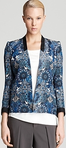 Jacket Mandala Wet Print - style: single breasted blazer; shoulder detail: shoulder pads; collar: shawl/waterfall; secondary colour: white; predominant colour: diva blue; occasions: casual, evening, occasion; length: standard; fit: tailored/fitted; sleeve length: 3/4 length; sleeve style: standard; texture group: structured shiny - satin/tafetta/silk etc.; trends: statement prints; collar break: low/open; pattern type: fabric; pattern size: big & busy; pattern: patterned/print; fibres: viscose/rayon - mix