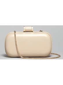 Clutch Oblong Minaudiere - predominant colour: champagne; occasions: evening, occasion; type of pattern: standard; style: clutch; length: hand carry; size: mini; material: leather; pattern: plain; trends: metallics; finish: metallic