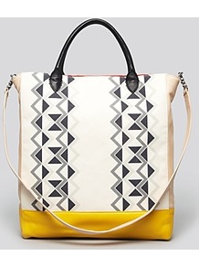 R29 For Tote Chicago - predominant colour: white; secondary colour: yellow; occasions: casual, work; type of pattern: standard; style: tote; length: handle; size: standard; material: fabric; trends: modern geometrics; finish: plain; pattern: patterned/print