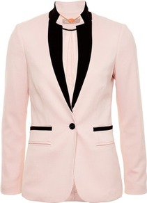 Pink Contrast Edge Spandex Blazer - pattern: plain; style: single breasted tuxedo; length: below the bottom; collar: standard lapel/rever collar; predominant colour: blush; occasions: casual, evening; fit: tailored/fitted; fibres: polyester/polyamide - mix; sleeve length: long sleeve; sleeve style: standard; collar break: medium; pattern type: fabric; pattern size: standard; texture group: woven light midweight