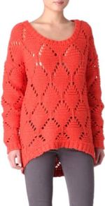 Open Knit Jumper - pattern: plain; length: below the bottom; style: standard; predominant colour: coral; occasions: casual; neckline: scoop; fibres: wool - mix; fit: loose; back detail: longer hem at back than at front; sleeve length: long sleeve; sleeve style: standard; texture group: knits/crochet; pattern type: knitted - big stitch; pattern size: standard