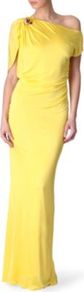 Satin Jersey Gown - style: ballgown; neckline: off the shoulder; pattern: plain; waist detail: fitted waist; predominant colour: yellow; occasions: evening, occasion; length: floor length; fit: body skimming; fibres: viscose/rayon - stretch; hip detail: slits at hip; sleeve length: short sleeve; sleeve style: standard; texture group: structured shiny - satin/tafetta/silk etc.; pattern type: fabric; pattern size: standard
