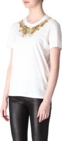 Embellished Neck T Shirt - neckline: round neck; pattern: plain; bust detail: added detail/embellishment at bust; style: t-shirt; predominant colour: white; occasions: casual, evening; length: standard; fibres: cotton - 100%; fit: body skimming; sleeve length: short sleeve; sleeve style: standard; texture group: cotton feel fabrics; pattern type: fabric; pattern size: standard; embellishment: beading