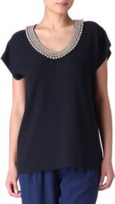 Acedia Silver Ball Top - neckline: v-neck; pattern: plain; length: below the bottom; predominant colour: navy; occasions: casual, evening, work; style: top; fibres: polyester/polyamide - 100%; fit: loose; shoulder detail: added shoulder detail; sleeve length: short sleeve; sleeve style: standard; texture group: crepes; pattern type: fabric; pattern size: standard; embellishment: beading